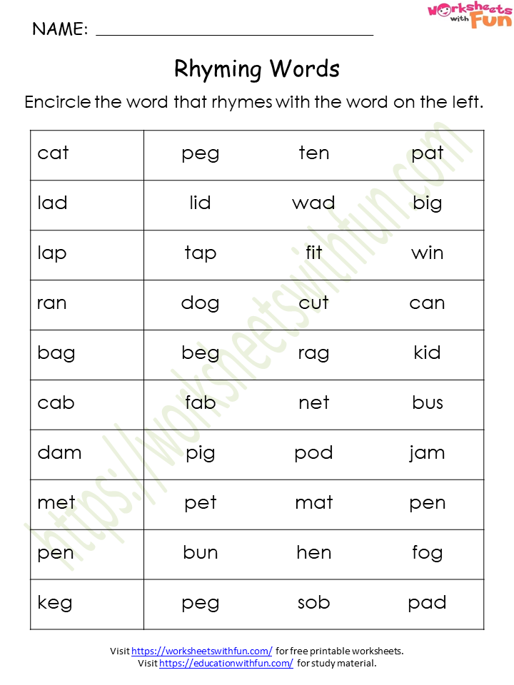 3 Letter Rhyming Words Worksheets